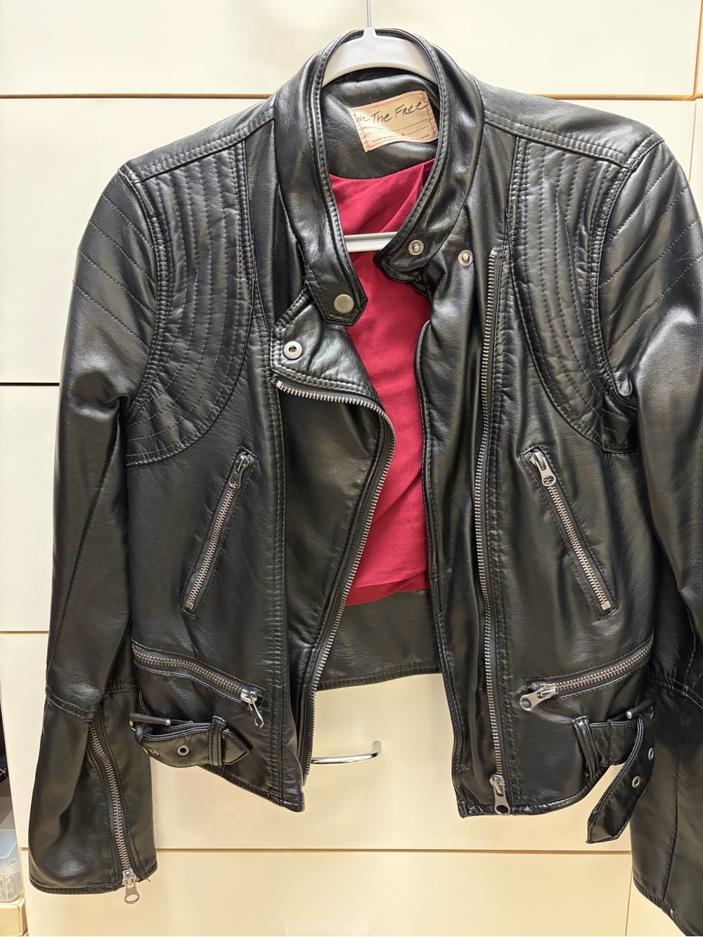 We The Free Black Leather Moto Jacket with Red Liner